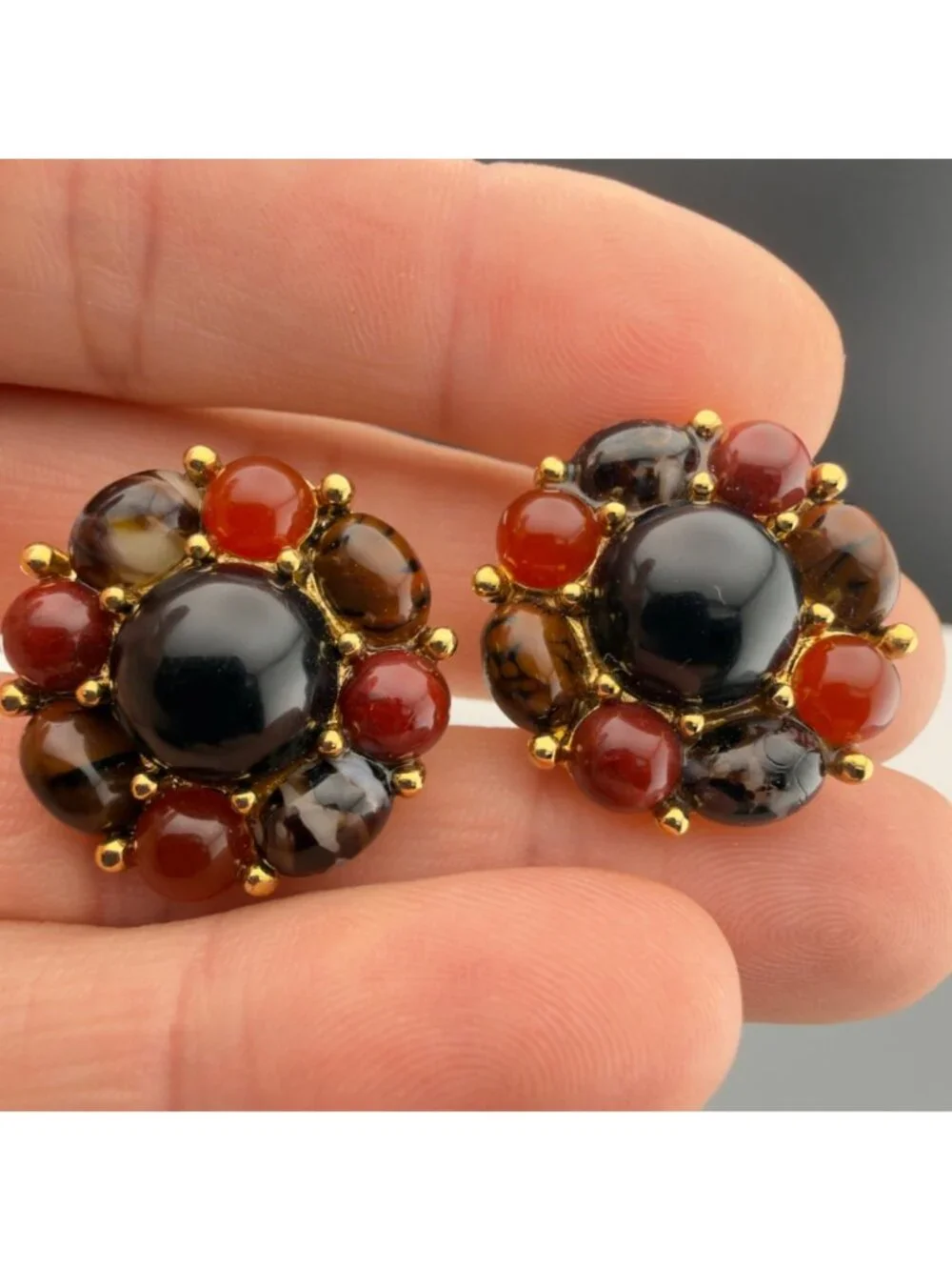 Vintage Monet Clip On Earrings Gold Tone Black Cabochon Cluster Fall Autumn
